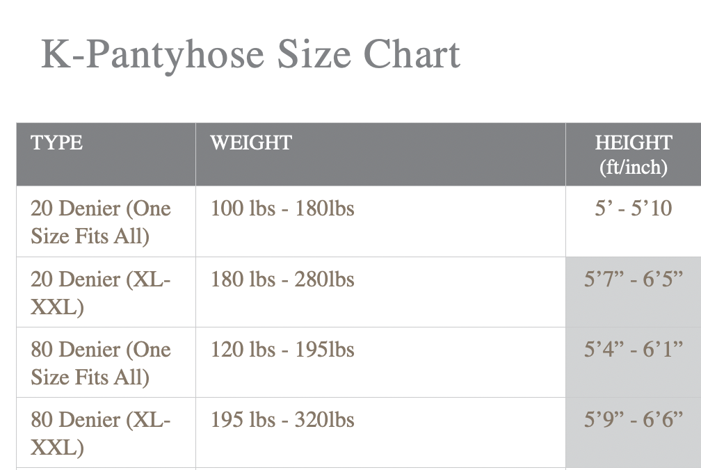 Korean Pantyhose Size Chart